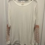 White Waffleknit top with Pink cheetah and lace accents Long Sleeve Top by BiBi Size L Photo 2