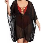 Bleu Rod Beattie Gypset Chiffon Caftan Cover Up Sheer Pom Fringe Black L Photo 0