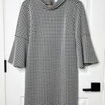 Tyler Boe Houndstooth Mock Neck Cowl Neck Shift Dress Size Small Bell Sleeves Black Photo 0
