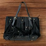 Womens Large Black Fringe Suede Embossed Studded Shoulder Bag Western Festival Photo 3