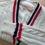 Vintage Full Fashioned Sweater Womens Medium Cable Knit Cardigan 80s Red Blue White Photo 5