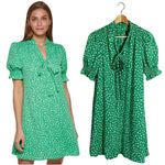DKNY Puff Sleeve Front Print Tie Neck Mini Swing Dress Women's 4 Green Chiffon Photo 2