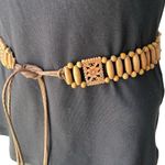 Vintage Womens Leather Wood Beaded Belt Macrame Style Boho, Sz S Photo 3