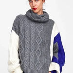 ZARA  Gray Colorblock Chunky Cable Knit Turtleneck Sweater Size Large Photo 0