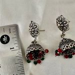 Silver tone green and red beaded Jhumkas Indian earrings Photo 5