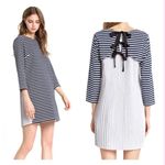 English Factory midnight blue/white striped pleated back tie ribbon mini dress Photo 1