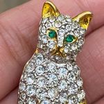 Vintage Unsigned Rhinestones Cat Brooch with Green Eyes Photo 2