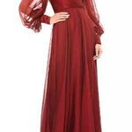 Mac Duggal Blouson Dress Women's 18 Red Sheer Long Sleeve Surplice Ball Gown B4 Photo 0