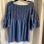 Mud Pie  Women’s Desi Off the Shoulders Chambray Blue Striped Smocked Dress Large Photo 2