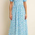 Free People White And Blue Dainty Floral Bohemian Puff Sleeve Maxi Dress Photo 0