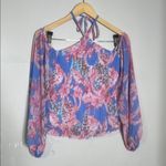 Venus Y2K Pink Blue Leopard Cut Out Tie Front Smocked Off the Shoulder Blouse Photo 1