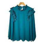 JODIFL  Pleated Ruffle Bubble‎ Sleeve Teal Blue Blouse Women Size Medium Photo 3