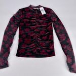 Crave fame  Juniors Ruched-Front Mesh Sleeve Top Red Black Floral Size XS NEW‎ Photo 0