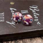 Vintage 1970s Purple Floral Glass Cabochon Earrings Stainless Steel Photo 5