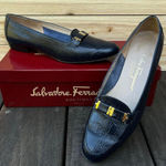 Salvatore Ferragamo Vintage Navy Blue Leather Alligator  Loafers w/ Gold w/ Box Photo 0