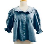 SEA NEW YORK NY KYLA EMBROIDERY ON CHAMBRAY PUFF SLEEVE BUTTON UP TOP SIZE L Blue Size L Photo 1