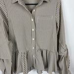 Gracia Brown and White Striped Peplum Button-Up Blouse Photo 2
