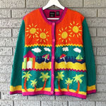 Vintage Embroidered Knit Sweater Funky Colorful Tropical Beach Scene Size Medium Green Photo 0