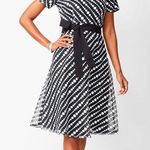 Talbots NWOT babydoll shift polka dot diagonal lace fit & flare black white midi dress belted bow waist short sleeve Cocktail Evening Photo 0