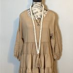 SOLITAIRE BOHO TUNIC TOP TIERED EMBROIDERED BALLOON SLEEVES Earth Tone size Med Tan Photo 1