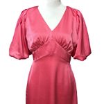 Halogen  Satin Midi Dress V-neckline Puff Sleeve Zip Closure Pink Women's S NWOT Photo 2
