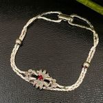 Ruby Vintage Signed Silver Floral Bell Center Double Snake Chain 7.5” Bracelet Photo 0