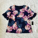 JM Collection  Women’s NAVY PINK ORANGE BEADED FLORAL Short sleeve top Large Photo 1