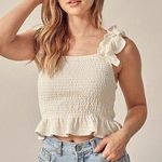 MIOU MUSE Cream Smocked Ruffle Crop Top Photo 0