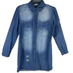 Oddy Blue Medium Wash Long Roll Tab Sleeve Collared Button Up Dress Tunic Size M Photo 0
