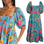Farm Rio Toucans Garden Blue Floral Puff Sleeve Open Back Midi Dress XS Photo 2