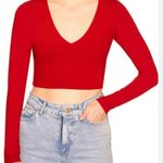 Bozzolo  V-Neck Long Sleeve Crop Top Red Ribbed L Photo 0