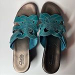 Clarks Bendable Women Sandals Wedge Slip On Floral Strappy Leather 9.5 Teal Blue Photo 8