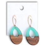Teal Wooden Geometric Teardrop Earrings - Acrylic Resin Lightweight Wood Photo 1