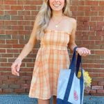 American Eagle  Smockin' On Sunshine Strapless Dress Orange Plaid NWOT Photo 1