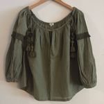 Poupette St Barth Long Sleeve Off Shoulder Tassle Tie Blouse Green Gold Shimmer Size M Photo 0
