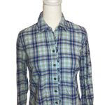 Talbots  Shirt Womens Button Up Long Sleeves Cotton Blue Aqua Plaid Ruffled XS Photo 2