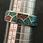 Sterling Silver Southwest Native Crushed Turquoise Coral Mosaic Ring Sz 12-1/2 Photo 7