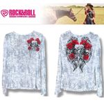 Rock & Roll Cowgirl  Burnout Rose Rhinestone long sleeve Top, white size XXL Photo 1