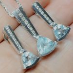14K White Gold Trillion Cut Aquamarine Round Diamond Earrings and Necklace Set Photo 0