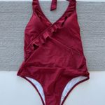 Cupshe Burgundy Wine Dark Red Ruffle Halter One Piece Swimsuit Size Medium NWT Photo 2