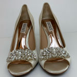 Badgley Mischka 🌸 Ivory Satin Lavender II Crystal Detail Peep Toe Heels Photo 0