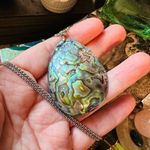 Large Mermaid Abalone Shell Necklace On Stainless Steel 20" Rounded Box Chain Green Photo 2
