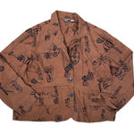 Chico's Silk Blazer Jacket Brown Asian Script Print Button Front Size 2 US L Photo 0