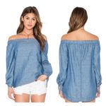 Free People  Shirt Women XS Blue Off The Shoulder Chambray Tie Cuff Top Boho Photo 1