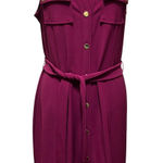 Boston Proper  Sleeveless Collared Midi Shirt Dress M Magenta Gold Button Belted Photo 0