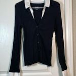 Anthropologie Maeve  Black Layered Ribbed Cardigan Buttoned White Sleeve Blouse Photo 2