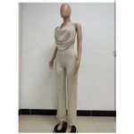 Curvy Plus XXL Gold Sexy Halter Cowl Neck Sparkly Jumpsuits Sleeveless Sequin Photo 4