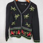 Reference Point Vintage Winter Cardigan Womens M Black Red Cardinal Holly Holiday Embroidery Photo 0
