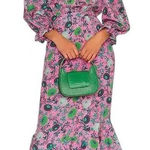 $625 Saloni Grace Pink Floral Silk Puff Sleeve Midi Dress US 6 UK 10 Asymmetric Photo 0