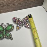 Rhinestone Butterfly Insect Brooch Pin Lot Of 2 Silver Tone 1 Green & 1 Pink Gold Photo 4
